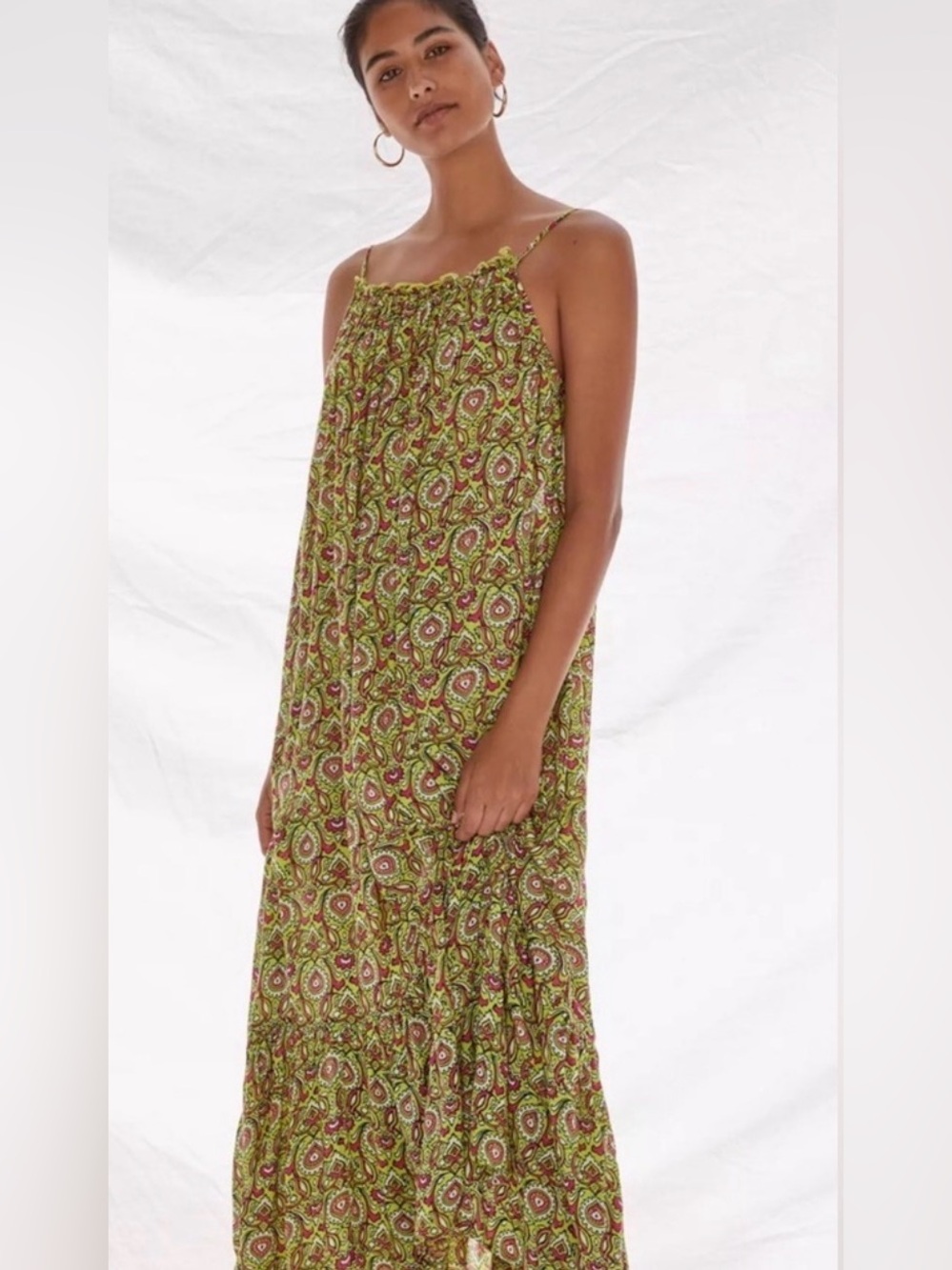 Anthropologie Olive Paisley Spaghetti-Strap Maxi Dress
